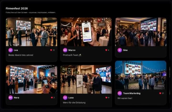 Live-Wall im Rasterlayout: Gästefotos vom Firmenfest mit Vornamen, kurzen Nachrichten und Likes.